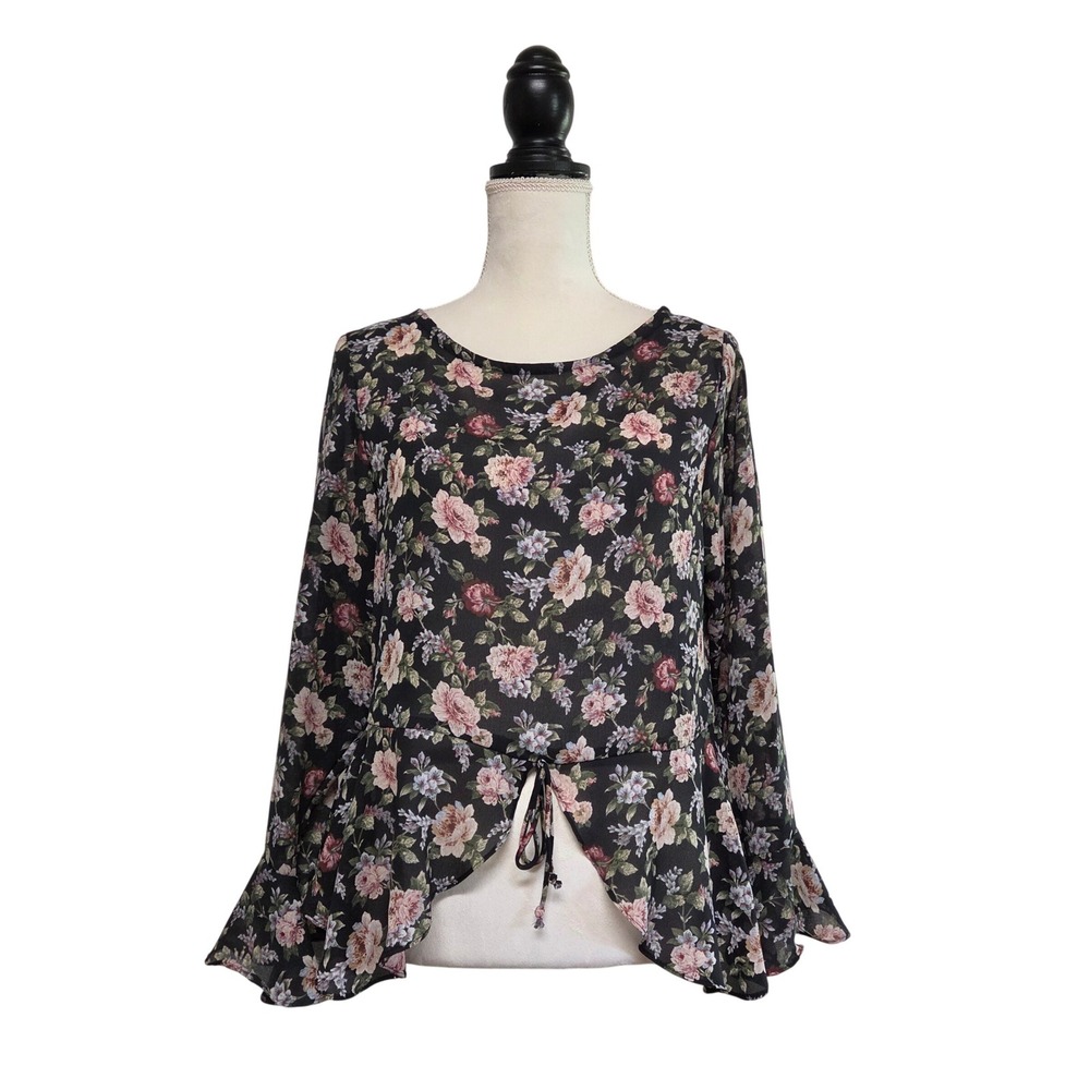 90s Navy Floral Peplum Hem Bell Sleeve Sheer Top Size S Cottagecore Romantic